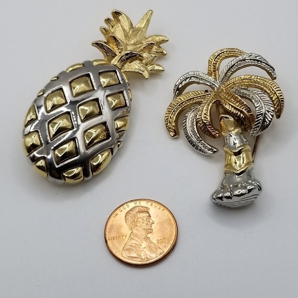Liz Claiborne Pineapple Brooch Gold Silver Tone Palm Tree Tropical Pin Lot - Picture 12 of 13